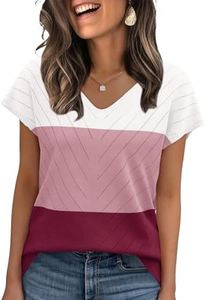 WIHOLL Womens Summer Tops Trendy Casual Cap Short Sleeve Sweater Beach Vacation Clothes Travel Outfits 2026 Casual V Neck T Shirts Soft Cute Spring Tops Tshirts Shirts for Women Color Block Pink L
