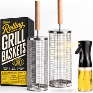 Rolling Grill Baskets for Outdoor Grill, Oil Sprayer Included, Set of 2