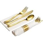 100 Pre Rolled Gold Plastic Silverware - 400pc Set, Service for 100 - Wrapped Disposable Silverware Set with Forks, Knives, Spoons, White Napkins - Fancy Decorative Flatware for Dinner, Party, Wedding