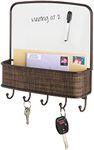 mDesign Metal Woven Wall Mount Entryway, Office Storage Organizer Mail Basket with Dry Erase Board, 5 Hooks - Holds Letters, Magazines, Keys, Coats, Leashes - Woven Plastic Accent - Bronze