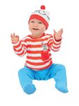 Smiffys Where's Wally Baby Costume, Baby Red & White All-In-One with Printed Hat, Official License Outfit with Bobble Hat & Glasses Detail, Perfect for Themed Parties or World Book Day or Halloween