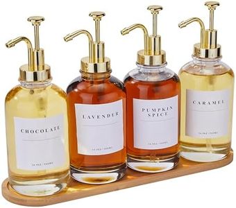 Coffee Syrup Dispenser for Coffee Bar, Coffee Syrup Pump Dispenser, Glass Syrup Bottle with Gold Upgraded Pump, 4 Pack 16.9 oz 500 ml Syrup Dispensers, 28 Labels and Large Bamboo Tray