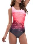 American Trends Womens One Piece Bathing Suits Color Block Print Criss Cross Back Swimsuits Athletic Modest Swimwear, E Red, 12-14