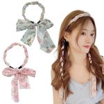 PALAY® 2Pcs Ribbon Hair Band for Women Hair Braid Pearl Floral Prints Headbands for Women Girls Long Ribbon Satin Fabric Bow Hairband for Girls Fashion Party Prom Head Band