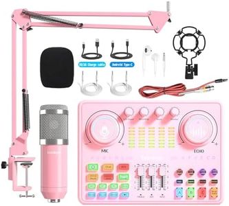 Bonkyo Podcast Equipment Bundle: Audio Interface & DJ20 Mixer with XLR Mic, Voice Changer, 2400mAh Battery for Podcasting, TikTok Live Streaming, and Gaming (Pink)