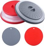 Vented Collapsible Microwave Splatter Cover,Food Cover,Colander Kitchen Gadget,Include Anti-scald Silicone Mats,Dishwasher-safe,BPA-FreeSilicone & Plastic（2Set Grey And Red)