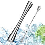 FAEFTY Cocktail Muddler Stainless Steel with Cocktail Mixing Spoon, Mojito Masher, Ice Crusher Masher, Cocktail Pestle for Kitchen, Bar, Restaurant, 26 cm