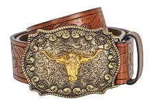 JowTreex Western Leather Buckle Belts - Cowboy Longhorn Bull Pattern Buckle Belt Floral Engraved Buckle Belt for Men Women