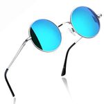 Joopin Blue Round Sunglasses for Men Polarized Mens Sunglasses Vintage Retro Mirrored Blue Womens Shades UV Protection Metal Frame Hippie Circle Glasses for Halloween Costume Party Driving Fishing