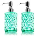 2 Pack 12 Oz Glass Soap Dispenser with Stainless Steel Pump, Refillable Liquid Hand Soap Dispenser for Bathroom, Vanity Countertop, Kitchen Sink, Laundry Room, Home Decor Accessories (Green)