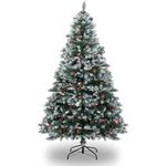 Artificial Christmas Tree 6Ft, with 1100 Snow Branch Tips, Pine Cones & Red Berries, Metal Stand, Xmax Indoor Holiday Festival Christmas Decoration for Home, Office, Party