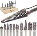 Carbide Burr Set 1/4" Shanks, Head Dia 1/4"-5/16", 10Pcs Double Cut Rotary Tools, Cutting Burrs Die Grinder Bits for Metal, Wood, Stone, Steel Grinding, Deburring, Carving, Porting