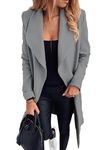 OMZIN Women's Classic Wrap Belted Winter Jacket Long Sleeve Oversized Lapel Collar Open Front Trench Coat Grey M