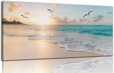 Beach Wall Art Decor for Living Room Ocean Canvas Picture for Wall Gold Sunset Painting for Bedroom Blue Seascape Theme Art Print for Bathroom Home Office Decoration Ready to Hang(20"×40")