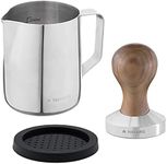 Navaris Coffee Tamper Set - Milk Jug and Stainless Steel Espresso Press with Walnut Handle for Coffee - 51mm Coffee Ground Compressor