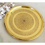 INDIAN ART VILLA Brass Double Ring Plate with Handmade Gold Floral Design Platter, Serveware & Tableware, Diameter - 14 Inch