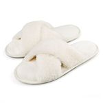 LARGERED Slippers Women,Ladies Crossover Slippers with Faux Fur Lined,Memory Foam Fluffy comfort Slippers,Furry Slippers Shoes for Indoor Outdoor,Fuzzy Open Toes Home Slippers,White Size7-8