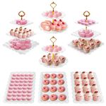 7 Pcs Cake Stand Set, Reusable Plastic Dessert Table Stand Set with 2x Large 3-Tier Cupcake Stands + 2X Large 2-Tier Cupcake Stands + 3 x Appetizer Trays for Tea Party/Birthday/Wedding/Afternoon Tea