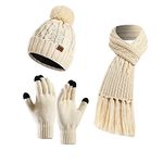 Visioelo Womens Bobble Hat Scarf and Gloves Set Fleece Lined Beanie Touch-screen Gloves Scarf with Tassel set of three (Beige)
