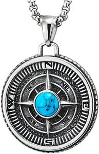 COOLSTEELANDBEYOND Annata Bussola Cerchio Médaille Ciondolo con Pietre Turchese, Collana con Pendente da Uomo Donna, Acciaio, Due Lati