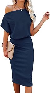 Ezbelle Women's Off The Shoulder Short Sleeve Ribbed Bodycon Casual Summer Party Pencil Dress Navy Blue,8-10