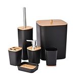 Yorkmills 6 Pieces Bamboo Bathroom Accessories set, Luxury Bathroom Accessory Set, Bathroom Bin And Toilet Brush Set, Toothbrush Holder Tumbler Soap Dish Trash Can Soap Dispenser Bath Set Gift