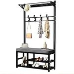 DZOMK 3-in-1 Hall Tree Coat Rack, Thickened Frame Industrial Hall Tree with 11 Hooks and 2-Tier Shoe Stand, Hallway Coat Rack Stand with Bench/Leather Cushion(Size:90 * 33 * 170cm)