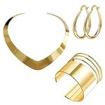 KURTCB Statement Princess Jewelry Set Gold Choker Necklace Wide Arm Cuff Band Bracelet Teardrop Hoop Earrings Halloween Jasmine Costume Set for Women Cosplay Party Gift, Alloy Steel, No Gemstone