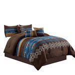 WPM WORLD PRODUCTS MART 7 Piece Western Southwestern Native American Design Comforter Set Multicolor Coffee Brown Embroidered Size Bed in a Bag Navajo Bedding Set- Makala (Navy Blue, King)