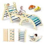 BlueWood Pikler Triangle Set 7in1 Foldable Baby Climbing Wooden Toys with Arch&Ramp&Ladder Climber Indoor Jungle Gyms for Toddlers - Sky Blue