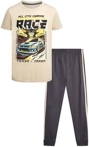 Pro Athlete Boys Pant Set - 2 Piece Tracksuit with Short Sleeve Graphic Tee and Tricot Jogger Sweatpants for Boys (8-16), Size 10-12, Beige/Grey Race