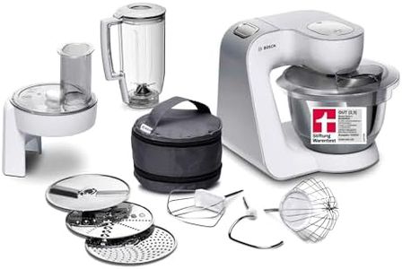 Bosch Küchenmaschine Serie 4, Edelstahl-Schüssel 3,9 L, Knethaken, Schlag- und Rührbesen Edelstahl spülmaschinenfest, Mixer 1,25 L, Durchlaufschnitzler, 3 Scheiben, 1000 W, Weiß, MUM58W20
