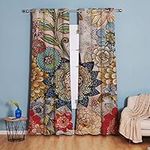 Xiongfeng Floral Window Curtains Panel Blackout Room Darkening Boho Flowers Print Vintage Curtain Drapes with Grommet Thermal Insulated for Living Room Dining Room Bedroom, 52" × 84", 2 Panels