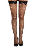 RSLOVE Fishnet Thigh High Stockings - Women Sexy Tights with Satin Knot Bow Rhinestone Pantyhose One Size Black