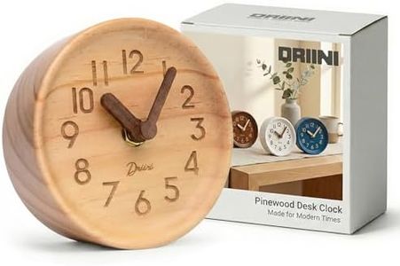 Driini Wooden Analog Desktop Clock – 4.3 in. Decorative Pinewood Clock, No-Tick Design – Easy to Read Silent Sweep Mantle Clock – Quiet Tabletop Clocks with Wood Body, Hands, & Battery Cover; Light