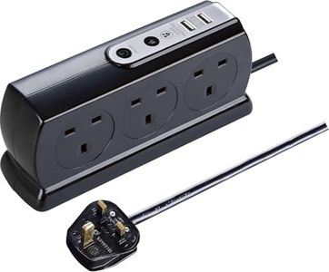 Masterplug Six Socket Switched Inline Power Surge Protected Extension Lead with Two USB Charging Ports, 2 Metres, Gloss Black