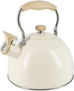 Lily's Home Whistling Tea Kettle, Teapot for Stovetop, Pleasant Whistle Sound, Heat Resistant Plastic Handle - Faux Wood Finish, Non Toxic Stove Kettle for Boiling Water - 2.5 Quarts (Cream)