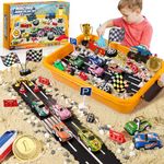 Tacobear Race Car Play Sand Kit for Kids Racing Sandbox Kit with Magic Toy Sand Mini Cars Trophy Medal Signs Roadblocks Sensory Toys Sand Toys Magic Sand Play Set Gift for Kid Boys Girls