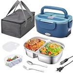 Kabbas Electric Lunch Box Food Heater with 2 Compartments, 80W Portable Heated Lunch Box for Adults, 12V 24V 110V Self Heating Lunch Box for Work Car Truck with 1.5L Removable 304 SS Container