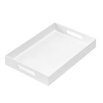 MUKEEN Glossy White Sturdy Acrylic Serving Tray with Handles 10x15x2H Inches -Spill Proof- Decorative Trays Countertop Organizer for Ottoman Coffee Table Nightstand, sidetable, Breakfast, Tea, Food