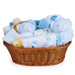 Baby Box Shop - 17 Baby Essentials for Newborn Boy Perfect as Christenings - Baby Boy Gifts, Baby Hamper for Newborn Boy in Rattan Basket (Blue)