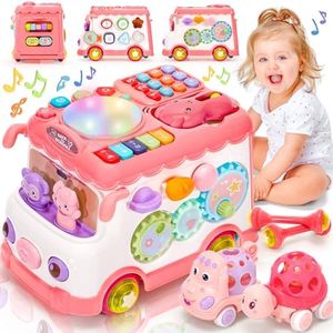 AmiDear Baby 1-2 Year Old Girl, 10-in-1 Montessori Toys Bus for Baby 6-12-18 Months+, First Christmas and Birthday Gifts, Educational Musical Sensory Learning Toddler Toys Age 1-2, Pink