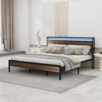 Tuconia King Bed Frame with LED Lights Metal Platform Bed Frame with Storage Headboard Built in Charging Station & USB Ports Noise-Free No Box Spring Needed Grey