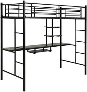 GOPLUS Lit Mezzanine en Métal avec Bureau, Lit Superposé 2 en 1 avec Poste de Travail, Étagères de Rangement, 2 Échelles et Garde-Corps, Cadre de Lit Superposé Chambre à Coucher et Dortoir (Noir)