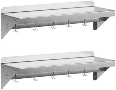 EcoExplorer Stainless Steel Shelf Wall Mounted, NSF Commercial Wall Shelf, Floating Shelving for Kitchen, Restaurant, Home, Hotel, 36 x 12 Inches Flat Surface with 7 Hooks, 2 Packs