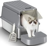 Fobyfurny Stainless Steel Cat Litter Tray with Flip Lid, XXL Enclosed Metal Cats Litter Box, with Cat Litter Scoop and Foot Step, Removable, 120° Flip Top Design, Easy to Clean, Dark Grey, FPLB001SG2