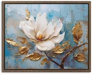 Abstract White Flower Canvas Wall Art Gold Leaves Floral Canvas Prints Pictures Blue Nature Peony Flowers Painting Minimalist Retro Framed Artwork for Bathroom Living Room Home Decorations 20x25cm