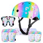 MHJY Kids Helmet and Pads Set with DIY Stickers Girls Bike Helmet Age 3-8 Years Unicorn Knee and Elbow Pads Adjustable Protective Gear for Children Cycle, Skateboard Scooter, Roller Skates