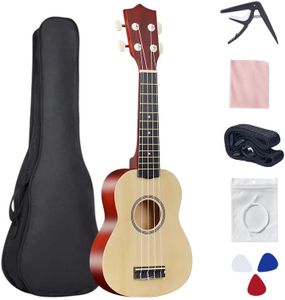 21-Inch Soprano Ukulele Starter Kit, Wooden Hawaiian 4-String Guitar with Gig Bag, Capo, Strap, Picks and Spare Strings