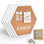 AkTop Cork Bulletin Board Hexagon 4 Pack, Small Framed Corkboard Tiles for Wall, Thick Decorative Display Boards for Home Office Decor, School Message Board with 16 Push Pin Wood Clips, White